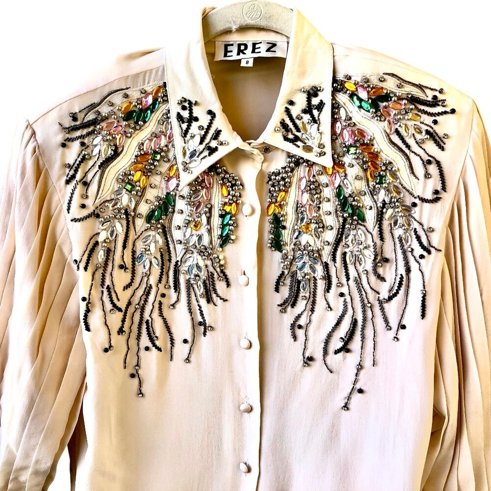 EREZ Vintage 80’s SILK + SNAKESKIN LEATHER Blouse Pleats Beaded BLING - Picture 6 of 16